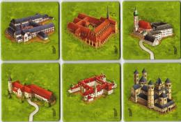 Všech šest kartiček s kláštery (minirozšíření Německé kláštery)
