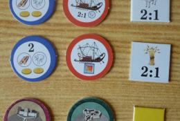 lodě, obchodní žeton a kartičky, bodovací značky