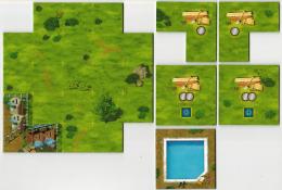 Komponenty hráče na začátku hry – deska vodní ZOO, čtyři rozšiřující destičky, zásobní nádrž