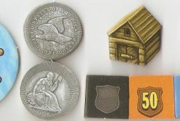 Žeton začínajícího hráče, mince, stodola, studna a bodovací žetony
