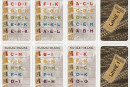 Linie 1 - ukázka karet tratí včetně rubu (vielfahrer pro 2-3 hráče, kurzstrecke pro 4-5 hráčů)