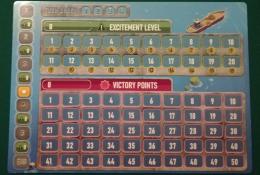 Deska počítání kol, pořadí hráčů ve hře, úrovně vzrušení a vítězných bodů
