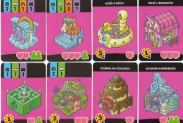 Výběr z celkem 18 karet speciálních budov pro rodinnou variantu (rubové a lícové strany)