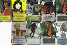 Karty osob (Jenna Scott a Robot) a ukázky jejich startovních karet + ability karta Jenny Scott