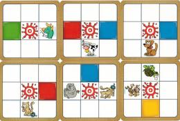 Výběr z celkem 54 karet se zadáním (zvířata a barvy ve stanoveném uspořádání)