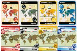 Porovnání karet měst: nahoře 1. vydání hry, dole 2. vydání