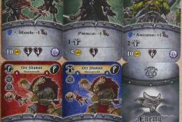 Ukázka karet, které určují obranu nepřátel a odměnu za jejich zabití.