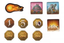 Fireball, 2x žeton Behemoth, mince (líc a rub), žeton Horde